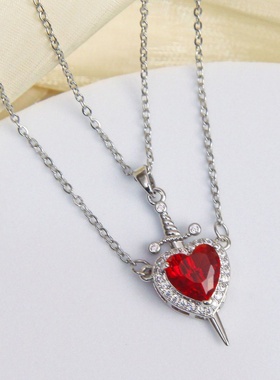 欧美一箭穿心项链铜镀18k金红色爱心匕首情侣情人节礼物饰品