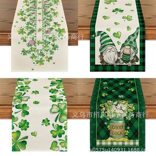 叶草花朵圣帕特里克节桌巾亚麻印花假日厨房餐桌装 款 饰