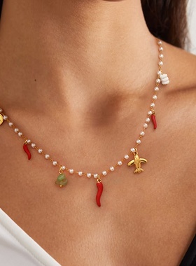 静俏设计感时尚项链18K金不锈钢珍珠碎石滴油吊坠项链不锈钢饰品