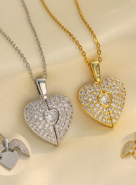 新款欧美个性爱心开合项链女高级感配饰心形吊坠钛钢不掉色锁骨链