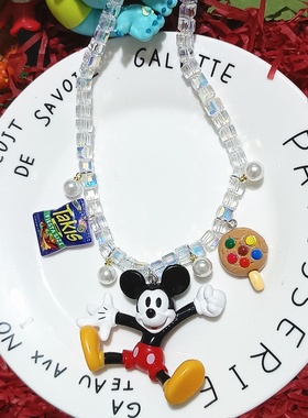 时尚biling闪亮透明水晶串珠卡通树脂米老鼠时尚短款项链颈链女