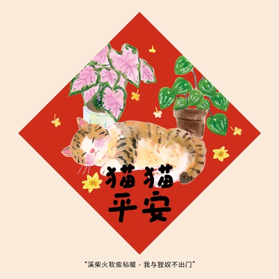 猫猫平安猫窝过年斗方福字装饰