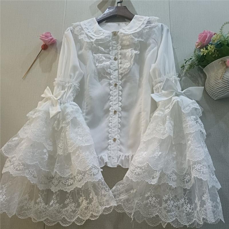 正品洋装蕾丝doll感修身透气娃娃领lolita姬袖衬衫内搭!