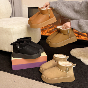 皮毛一体户外保暖加绒加厚棉鞋 冬季 女 2025新款 皮面厚底雪地靴女款
