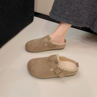 厚底加绒勃肯鞋女2025冬季新款一脚蹬包头半拖鞋休闲单鞋棉拖鞋子