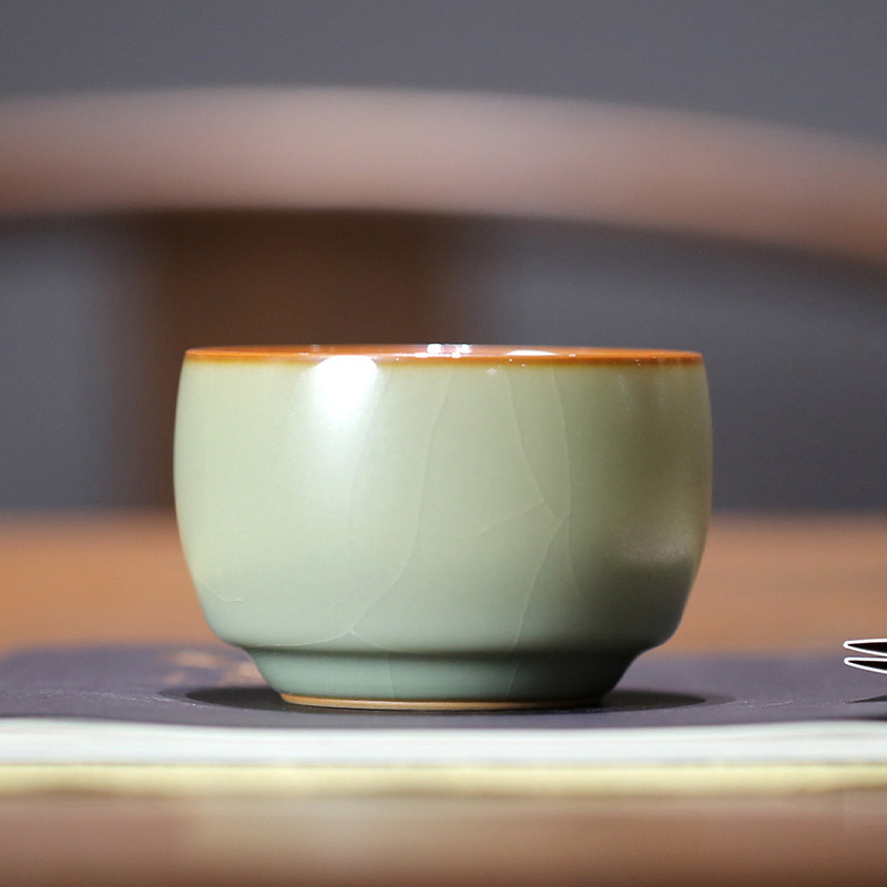 善窑厂善明款粉青釉 高温汝瓷开片可养 金鼓杯茶杯主人杯
