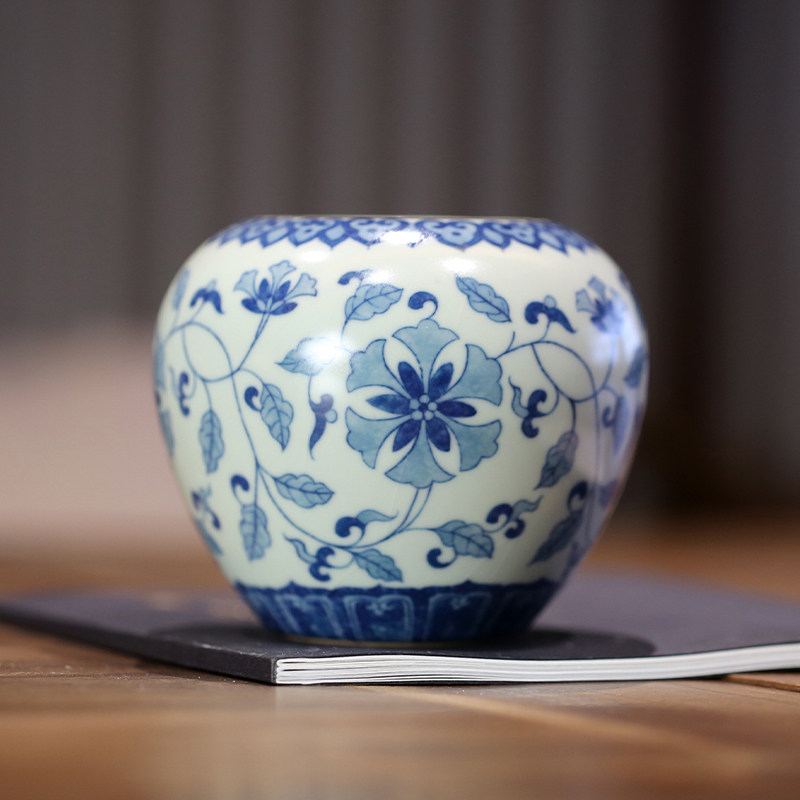 善窑厂善明款天青釉青花缠枝莲 高温汝瓷开片可养 纯手工水洗茶海