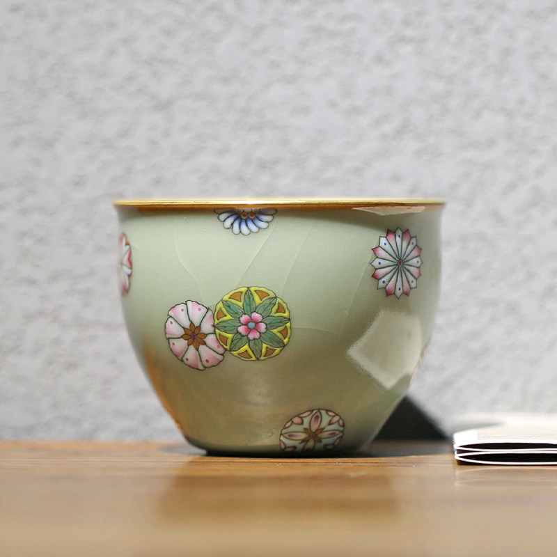 善窑厂善明款粉青粉彩皮球花 高温汝瓷开片可养 龙缸杯茶杯主人杯