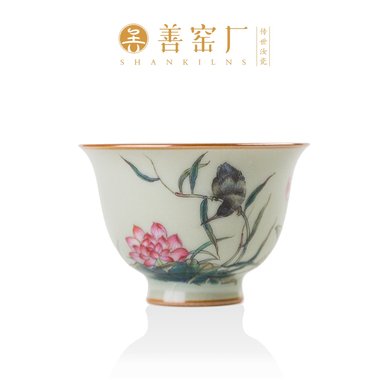 景德镇手绘粉彩花鸟汝窑主人杯