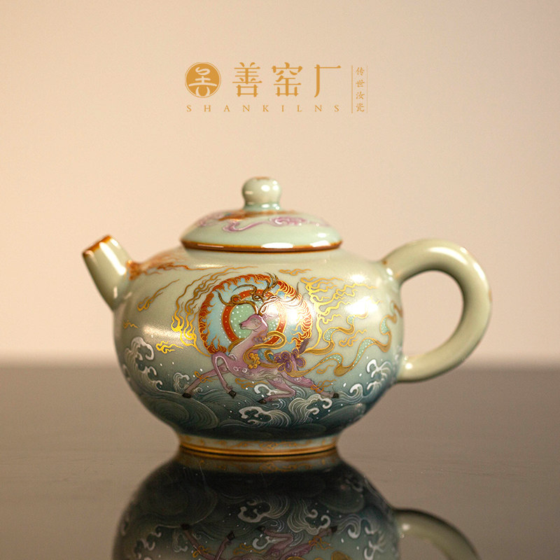 善窑厂李善明全手工手绘描金汝窑九色鹿西施壶高端粉青汝瓷泡茶壶