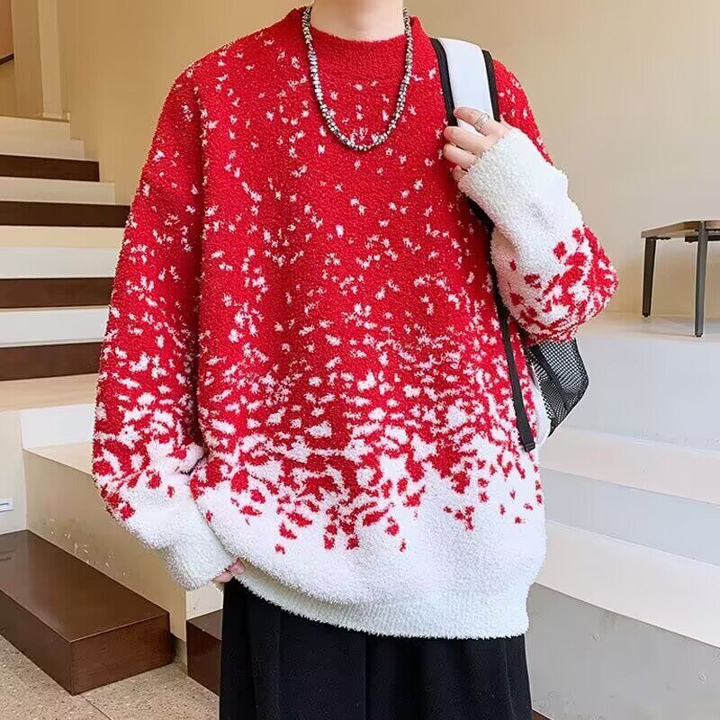 圣诞拜年服鹿毛绒红色毛衣男女2025新款冬季渐变色慵懒风加厚上衣