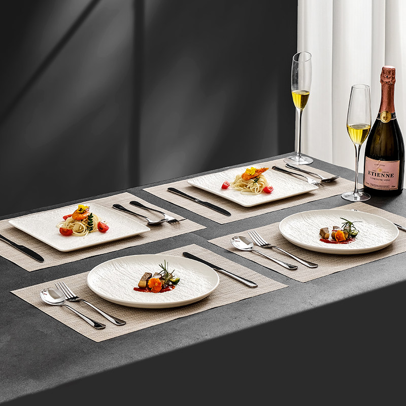 家用陶瓷西餐刀叉勺盘餐垫套装高级感纯白仪式感牛排盘牛扒盘方盘,餐饮具,西餐餐具套装,淘宝优惠券,粉丝福利购,淘宝优惠卷