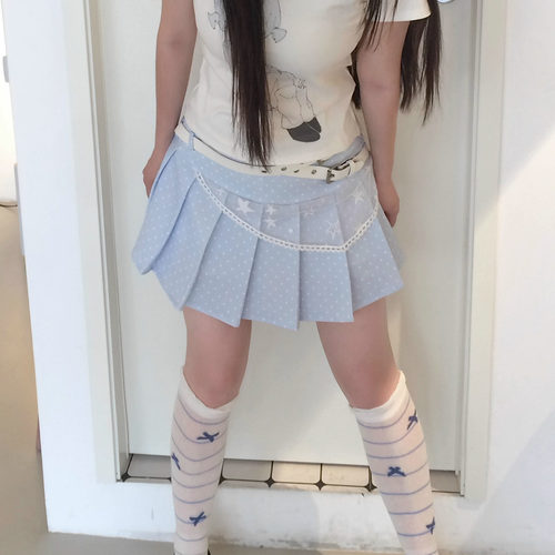 小猫藏星StarryKitty蓝色水色波点百褶裙半身裙水色“演唱会穿”
