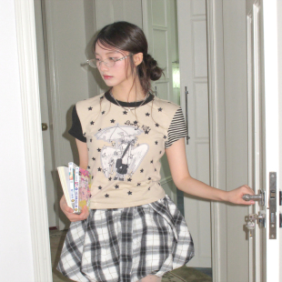 小猫藏星StarryKitty印花正肩短袖圆领y2k修身上衣女