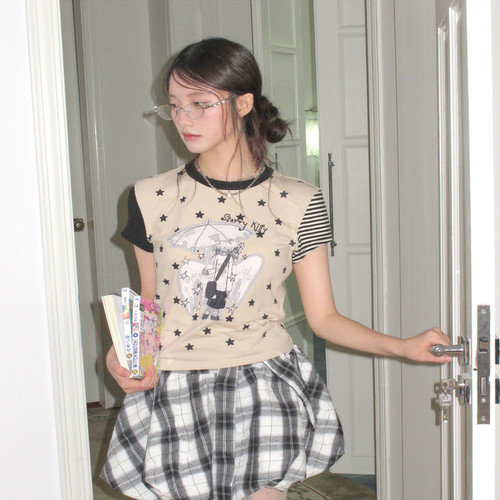 小猫藏星StarryKitty印花正肩短袖圆领y2k修身上衣女