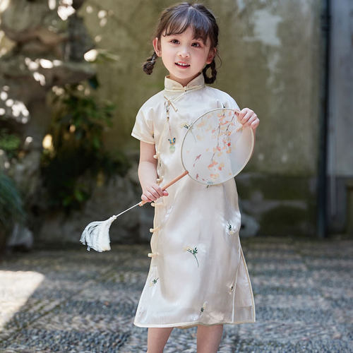开襟真丝包边儿童旗袍夏季