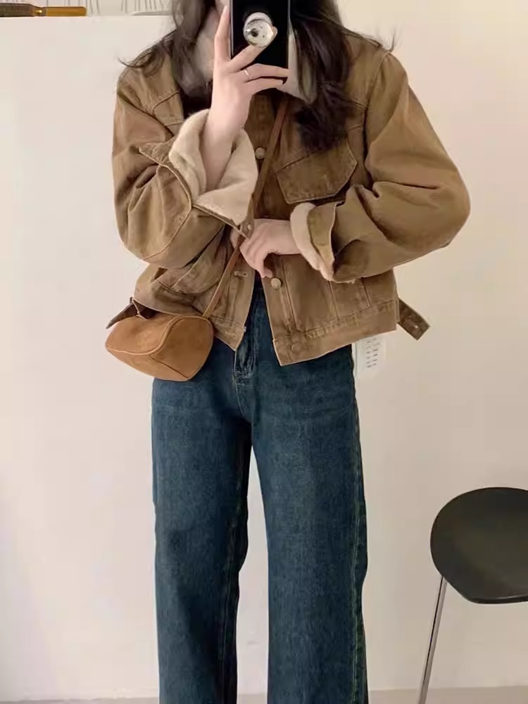 LILY MOST工装派克服女2023冬季新款小个子加绒加厚短款牛仔外套