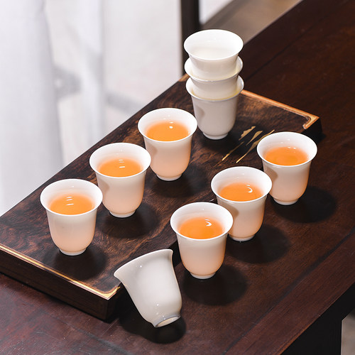 羊脂玉白瓷茶杯10个功夫茶杯6只装陶瓷小茶杯家用待客喝茶客杯