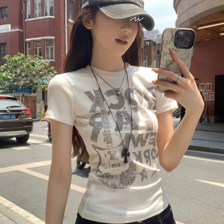 RECTO WASSUP美式斑驳做旧字母印花短袖T恤女修身显瘦设计感上衣