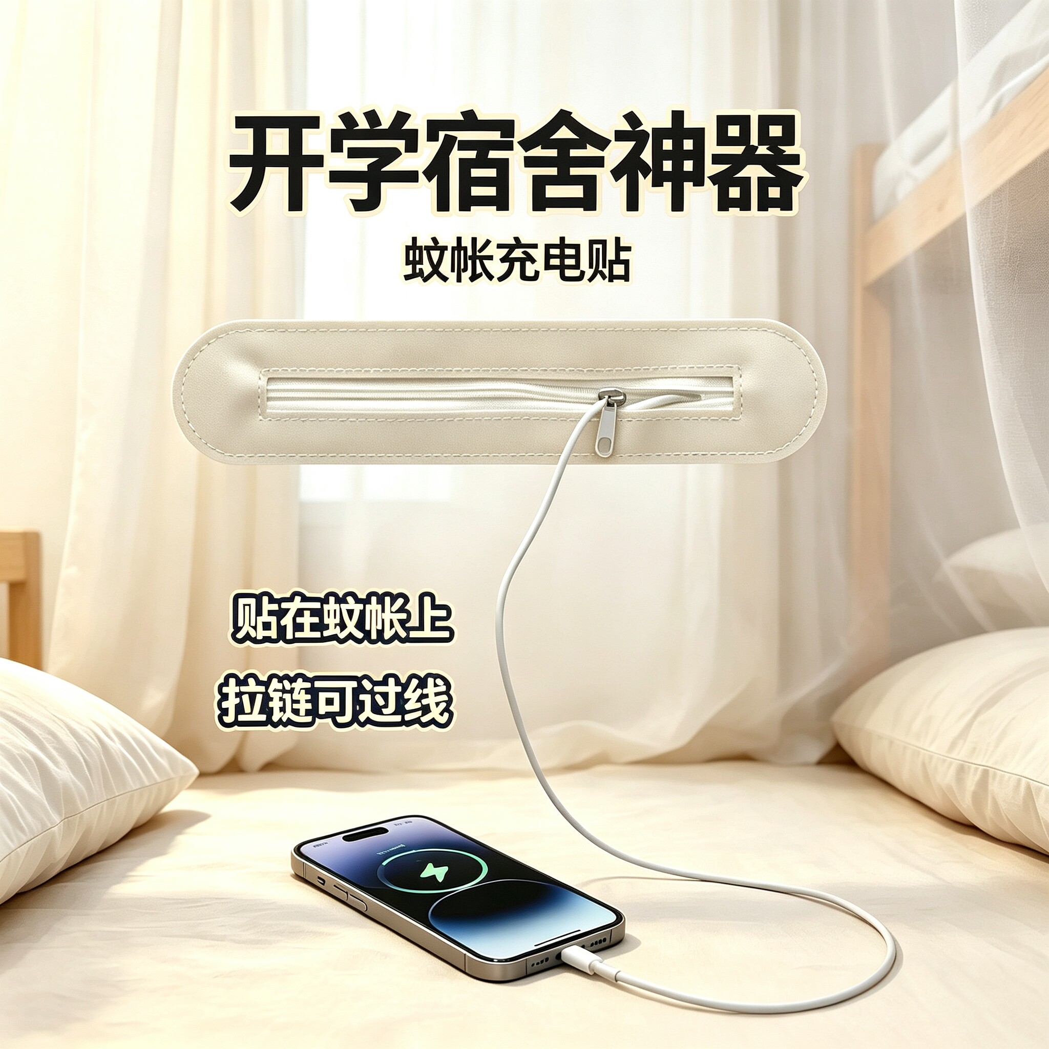 大学生开学住校生活用品宿舍蚊帐充电贴数据线拉炼补洞魔术贴