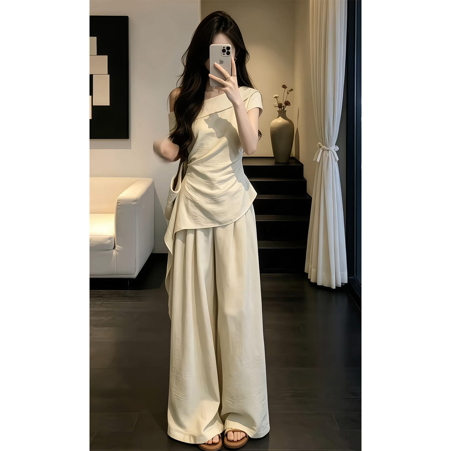 夏季巨好看ootd穿搭一整套2026新款斜肩短袖t恤女阔腿裤两件0528z