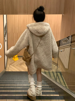 皮毛一体连帽羊羔毛外套女秋冬2025新款加绒加厚小个子中长款大衣