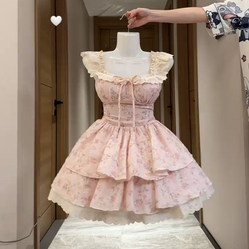 粉色蕾丝花边碎花连衣裙子女装夏季2025新款收腰a字蓬蓬公主短裙
