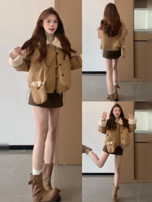 皮毛一体翻领羊羔毛外套女秋冬2025新款韩系巨好看小个子短款上衣