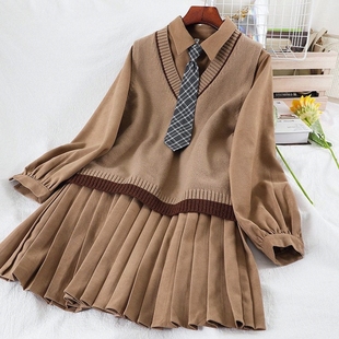 宽松百褶连衣裙针织马甲背心两件套 女学生韩版 春秋新款 学院风套装