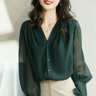 雪纺上衣复古简约显瘦V领长袖气质衬衫大码春夏新款小衫女人味潮