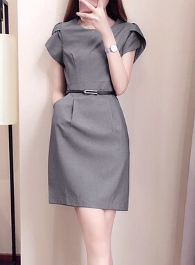 夏季新款2026年职业连衣裙女气质时尚ol修身显瘦灰色美容师工作服