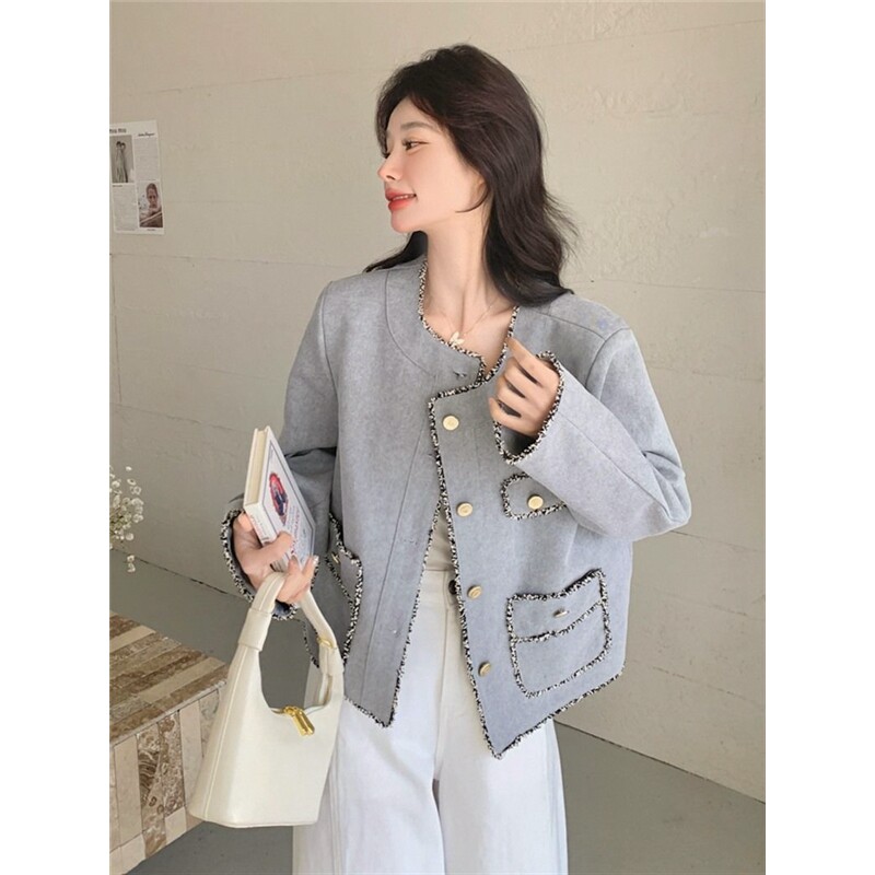 气质花边2026春秋蓝新款名媛复古小香风灰色短款上衣高级感女外套 - 实物图