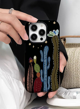 焱焱黑色仙人掌小众夏天硬壳菲林壳高级适用iphone14promax苹果13手机壳iphone12网红11简约保护套新款全包15