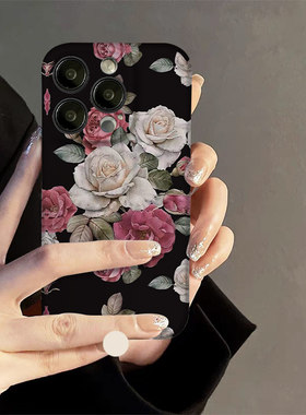 复古玫瑰插画适用苹果15Promax手机壳菲林iphone14plus12文艺术13mini高级感二合一11小众女黑色磨砂亮面软套