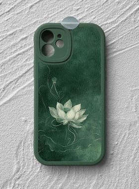 焱焱新中式白莲花苹果绿色适用于苹果16promax/17/iPhone12/14/15plus手机壳iPhone16promax华为VIVO荣耀OPPO