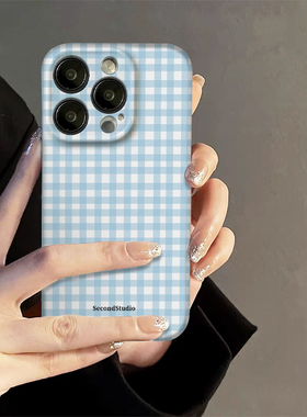焱焱原创海盐奶蓝色格子苹果14promax韩国菲林壳13简约清新ins磨砂iPhone15pro二合一手机壳12防摔边15保护壳