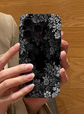 焱焱适用于苹果16pro max/15pro/14手机壳繁花黑色系新款12/13适用iqoo11荣耀90vivoS16手机壳opporeno9