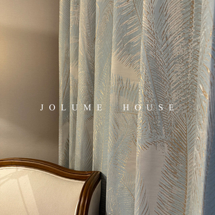 浅蓝绿色高精密色织叶子提花遮光窗帘别墅客厅卧室落地窗轻奢欧式