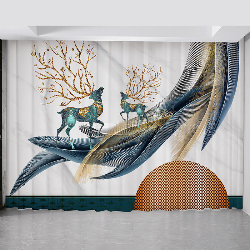 窗帘现代简约轻奢新中式招财麋鹿羽毛客厅卧室飘窗遮光2022年新款