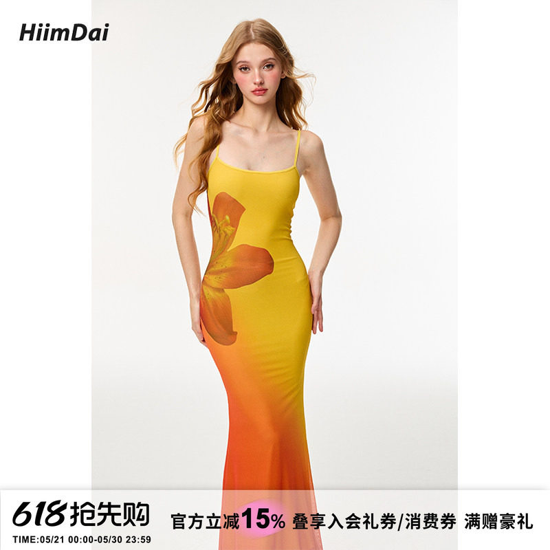 HiimDai 黄昏日落时  摇曳生态 立体花朵渐变色收腰鱼尾连衣裙