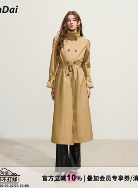 HiimDai 女王 环绕褶皱修身 立领泡泡袖卡其色双排扣长款风衣外套