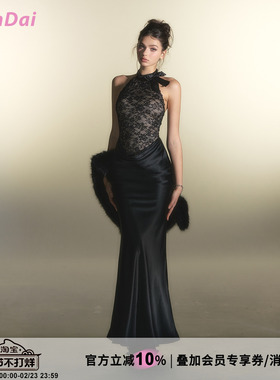 HiimDai 威尼斯 古早辣妹 设计感蕾丝拼接醋酸连衣裙缎面轻礼服裙