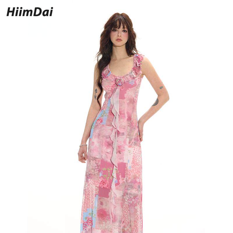 HiimDai 白昼梦境 独特画报印花 法式荷叶边度假裙修身碎花连衣裙 - 实物图
