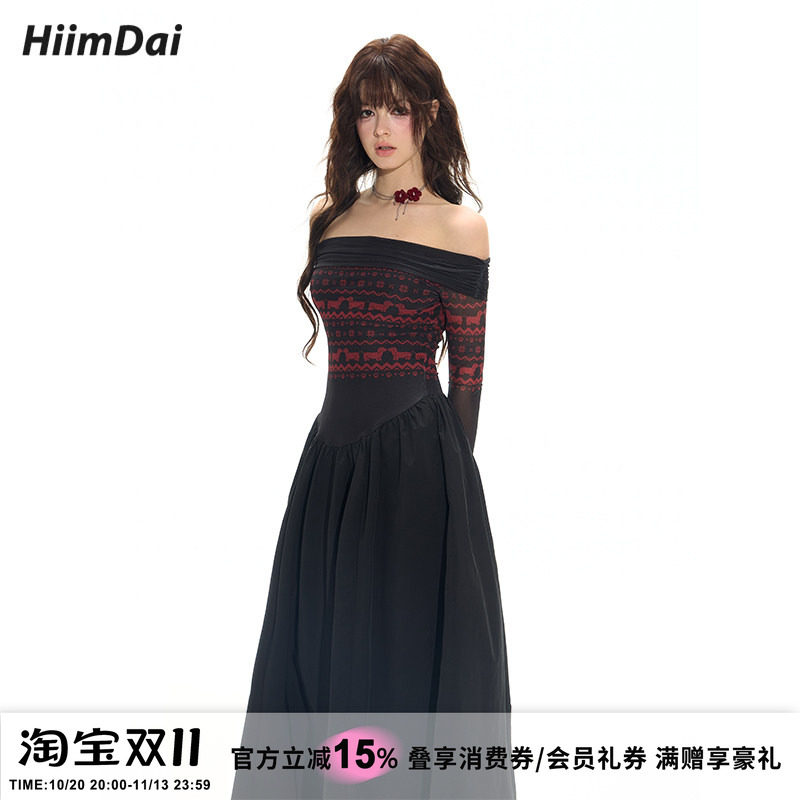 HiimDai 费尔岛梦境 异质拼接修身显瘦一字肩复古印花长袖连衣裙