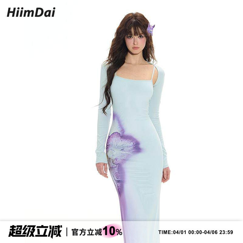 HiimDai 夏威夷秘境 立体渐变花卉度假裙 收腰包臀鱼尾吊带连衣裙