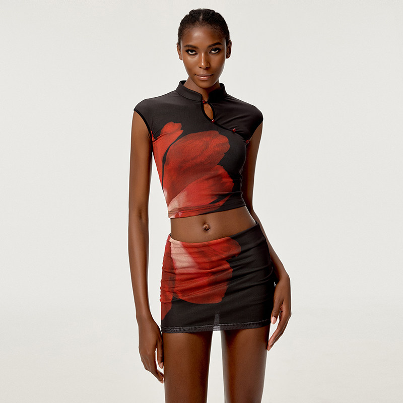 HiimDai 海市蜃楼 定位立体印花 新中式旗袍领盘扣短上衣裙裤套装