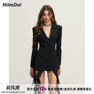 HiimDai 大女主 层次木耳边修身 黑色沙漏收腰显瘦中长款西装外套