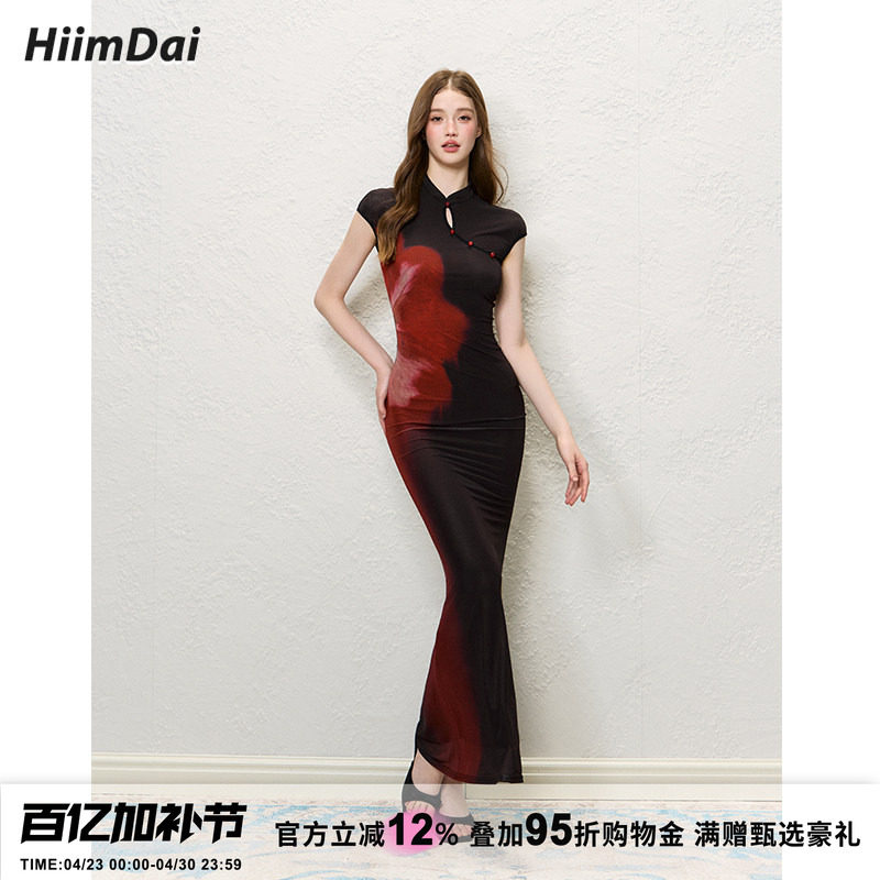 HiimDai 海市蜃楼 新中式国风黑红撞色印花收腰包臀旗袍连衣长裙