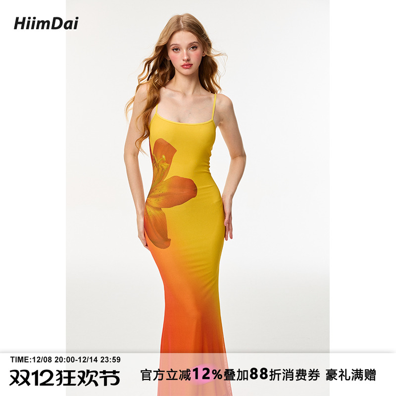HiimDai黄昏日落渐变鱼尾连衣裙