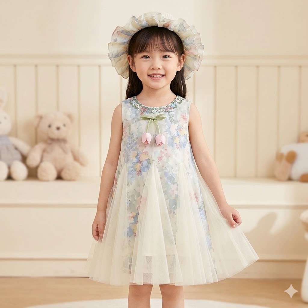 2026夏季新款亲肤透气庆生旅游女童碎花网纱连衣裙公主裙草帽套装